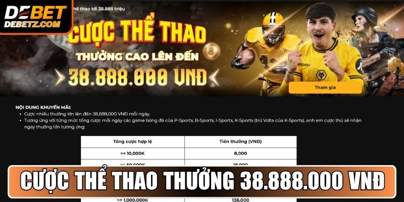 Cược Thể Thao thưởng cao lên đến 38.888.000 VNĐ
