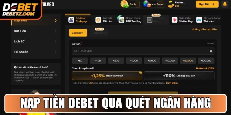 Nạp tiền DEBET qua quét ngân hàng